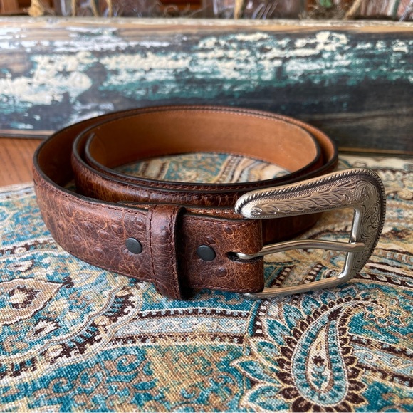 3D Other - 3D Genuine Leather Ostrich statement belt western silver tone engraved buckle 40